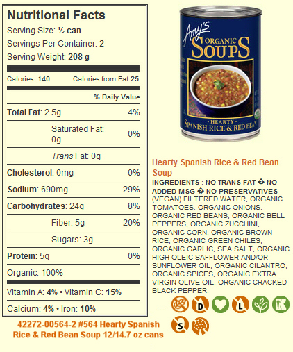 42272-00564-2 #564 Hearty Spanish Rice & Red Bean Soup 12/14.7 oz cans Amy's Kitchen