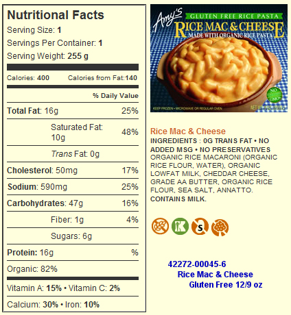 42272-00045-6 Rice Mac & Cheese Gluten Free 12/9 oz Amy's Kitchen