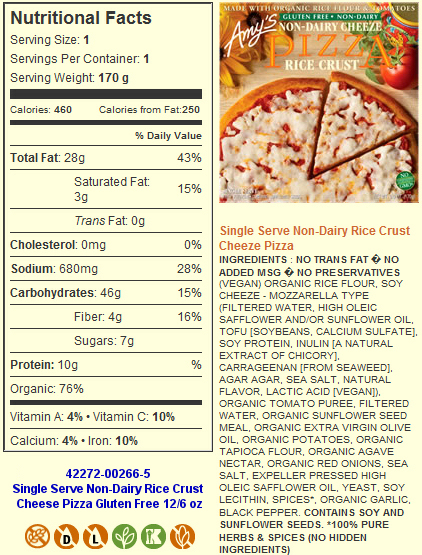 42272-00266-5 Single Serve Non-Dairy Rice Crust Cheese Pizza Gluten Free 12/6 oz Amy's Kitchen